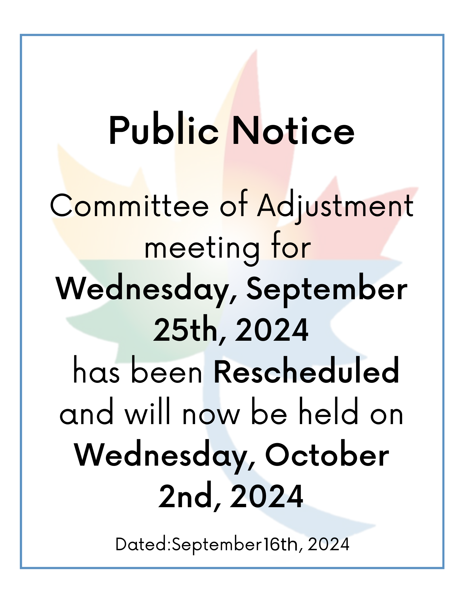 Committee of Adjustment Meeting Rescheduled